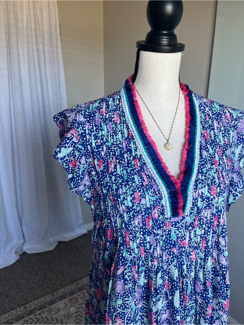 Poupette St Barth Blue Pink Print Tunic Dress Fringe V Neck Cover Up Size S - Picture 2 of 10
